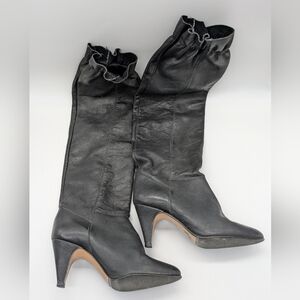Hanna Black Leather Elastic Cinch Knee High Heel Boot 6